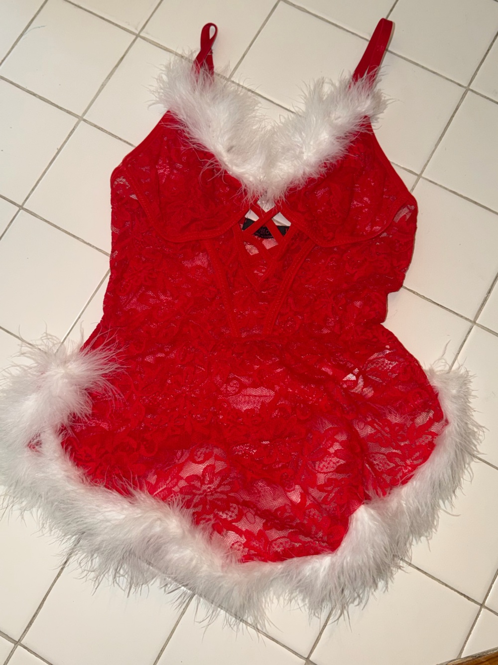 Lace Chemise bra dress lingerie Feather holiday sexy party top dance santa pj
